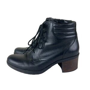 Clarks Womens Ankle Bootie Sz 8 Leather Side Zip Block Heel Black Leather